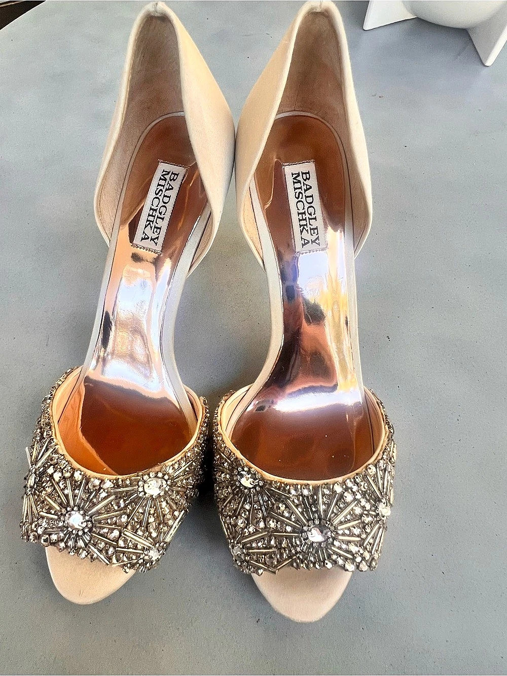 Badgley Mischka Kiara Embellished Peep-Toe Pumps in Beige & Silver - Picture 3 of 9